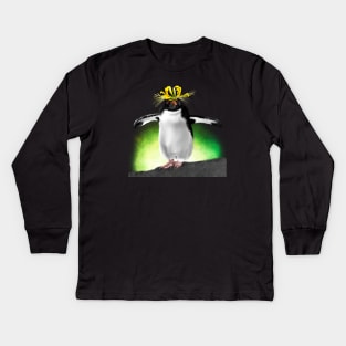 Southern Rockhopper Penguin + Yellow Spider Lily Kids Long Sleeve T-Shirt